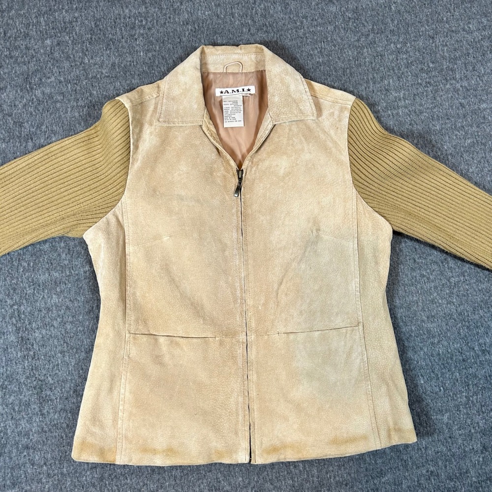 A.M.I. Suede Leather Jacket Knit Sleeve Zip Front Tan Beige Womens Size Medium